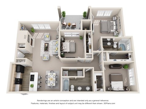 Floor plan for 3 beds, 2 baths, 1391 sqft